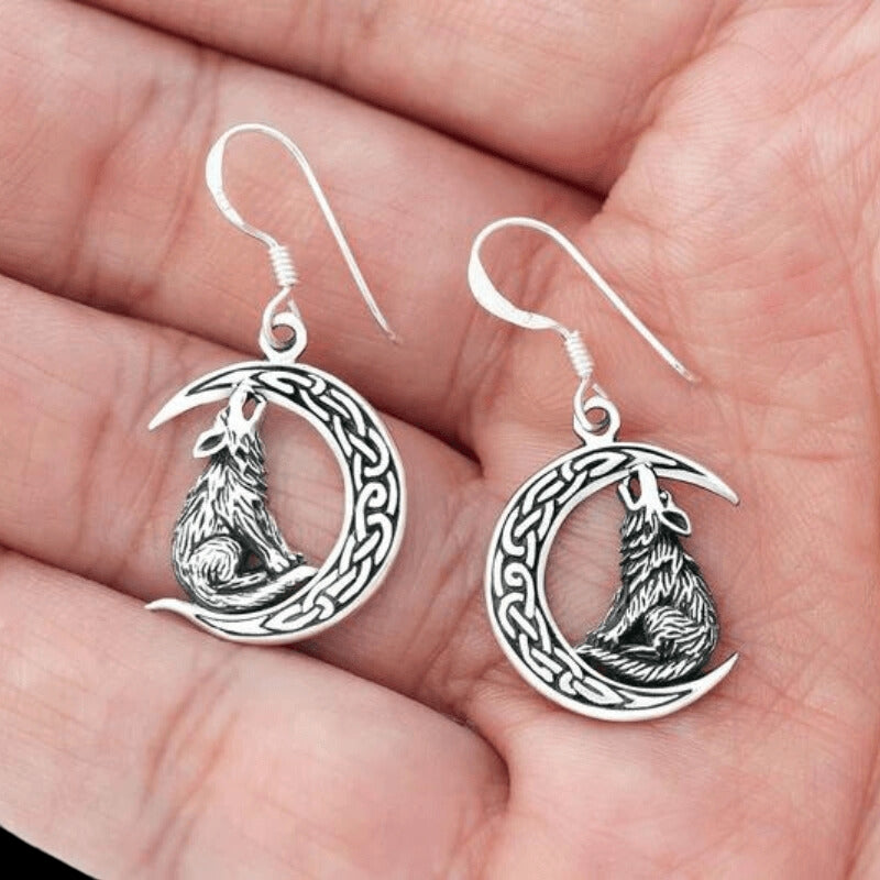 vkngjewelry Earring Wolf on Crescent Moon  925 Sterling Silver Earrings